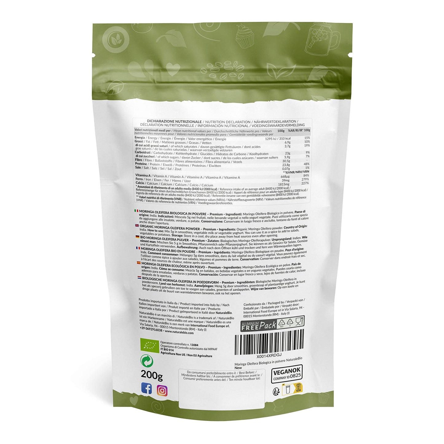 Moringa Oleifera Bio in Polvere - Qualità Premium - 400g. Biologica, Naturale e Pura. Foglie Raccolte dalla Pianta di Moringa Oleifera. NaturaleBio