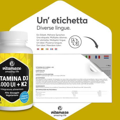 Vitamaze® Vitamina D3 K2 (+1 Anno) di Alto Dosaggio Vitamina D3 + 20 mcg Vitamina K2 al Giorno, 180 Piccole Compresse Vegetariane, Elevata Biodisponibilità, Qualitá Tedesca