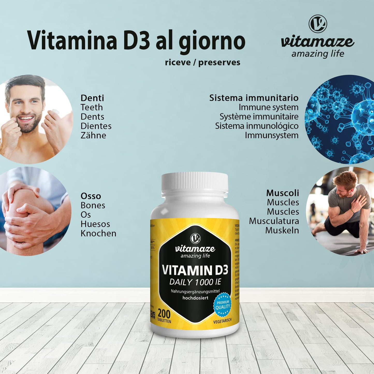 Vitamaze® Vitamina D3 240 compresse Alto dosaggio e vegetariana per più di 1 anno, 2000 UI, 50 mcg di colecalciferolo puro, integratore alimentare naturale senza additivi, Prodotto in Germania