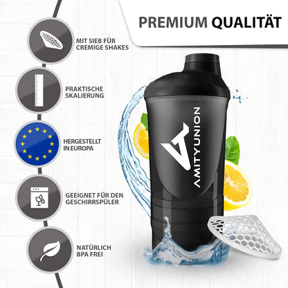 AMITYUNION Shaker per proteine - L'ORIGINALE Senza BPA con setaccio, scala per frullati di siero di latte cremosi, tazze Gym Deluxe per isolati e concentrati sportivi, (Tazza fumogena nera)