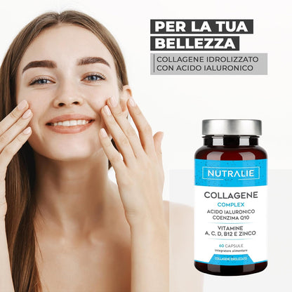 Collagene e Acido Ialuronico - Integratore Collagen Idrolizzato Con Vitamina C, Zinco e Q10 - Collagene Puro Integratore per Pelle, Ossa e Articolazioni - Collagen Complex - 60 Capsule Nutralie