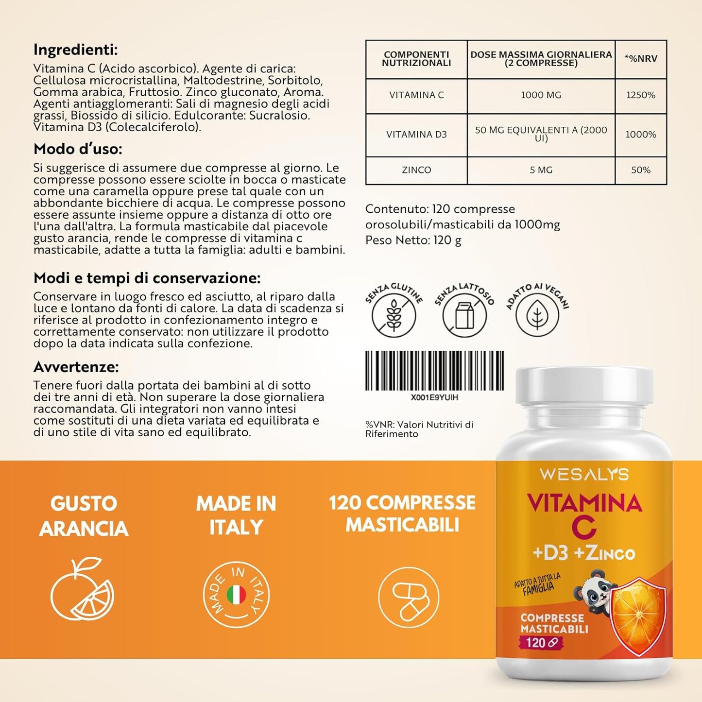 Vitamina C D Zinco, Masticabile gusto Arancia, per Bambini ed Adulti, Vitamina C 1000mg, Vitamina D3 2000 UI e Zinco 5mg in 2 cpr, WE Salus