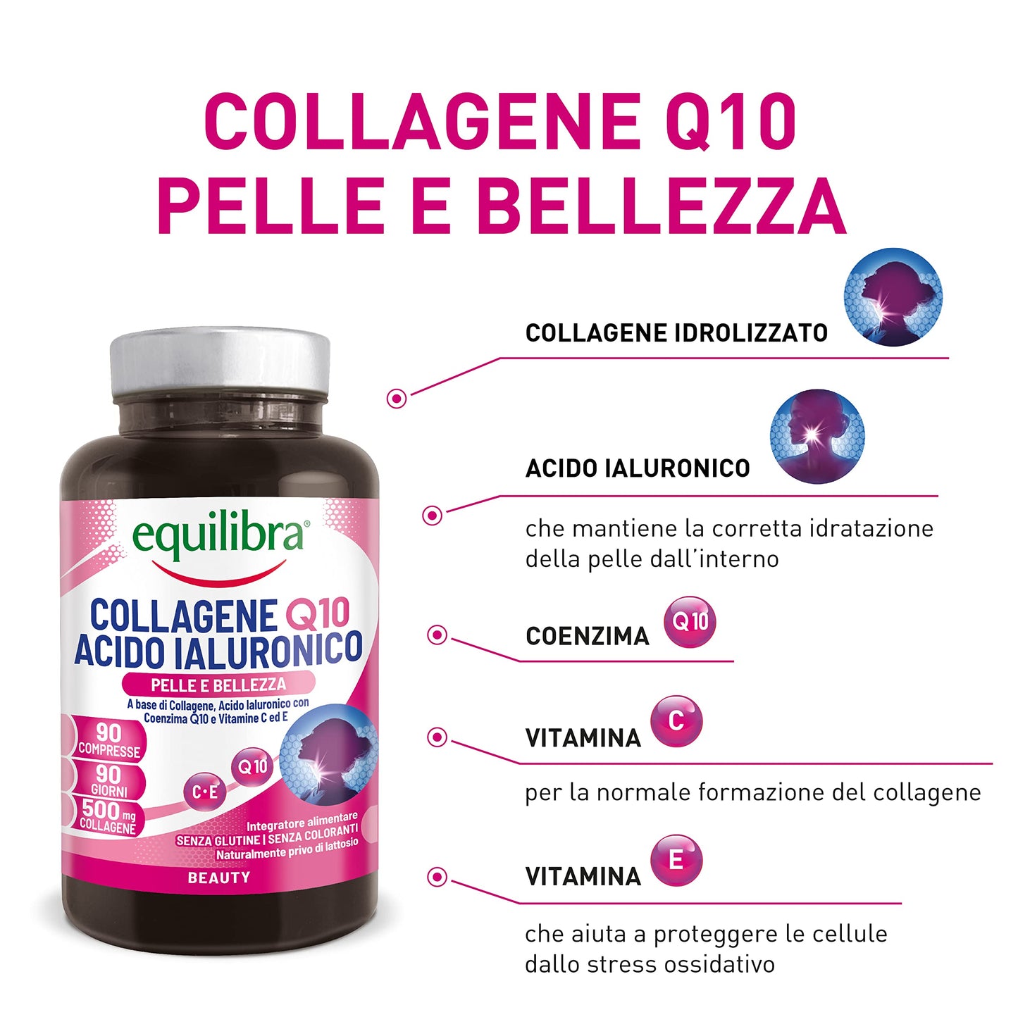 equilibra Integratori Alimentari, Collagene Q10 Acido Ialuronico, Benessere e Bellezza della Pelle, a Base di Collagene Idrolizzato, Acido Ialuronico, Coenzima Q10, Vitamine C ed E, 90 Compresse