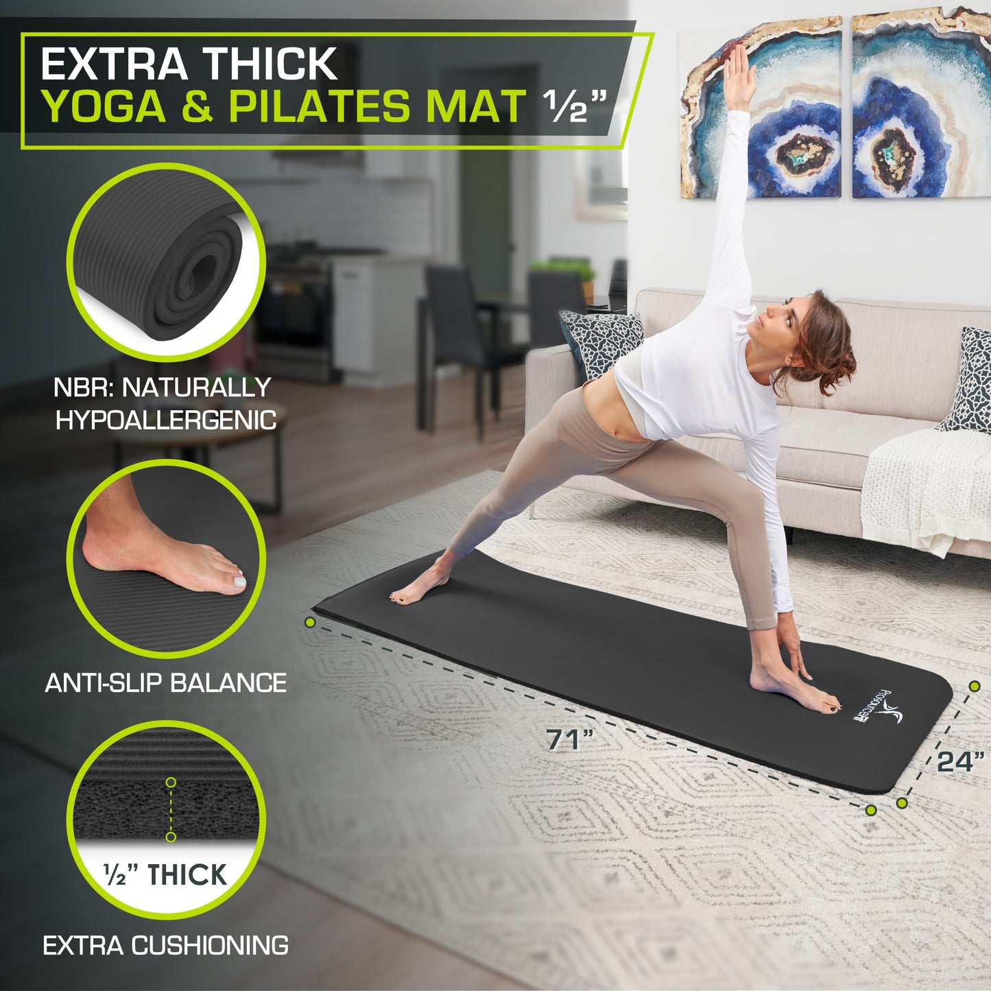 ProsourceFit Extra Thick Yoga and Pilates Mat ½” (13mm) or 1" (25mm), 71-inch Long High Density Exercise Mat with Comfort Foam and Carrying Strap