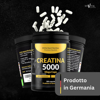 Creatina 5000 Mega Caps, stimolante per l'allenamento, 5000 mg di creatina monoidrato per dose giornaliera, 300 capsule, preworkout, Vegano