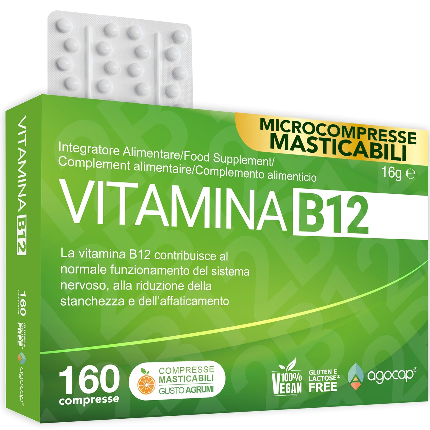 Vitamina B12 da 1000 mcg ad alto dosaggio | 160 microcompresse masticabili, gusto agrumi | Vitamina b vegan da cianocobalamina, supporto per energia fisica e mentale