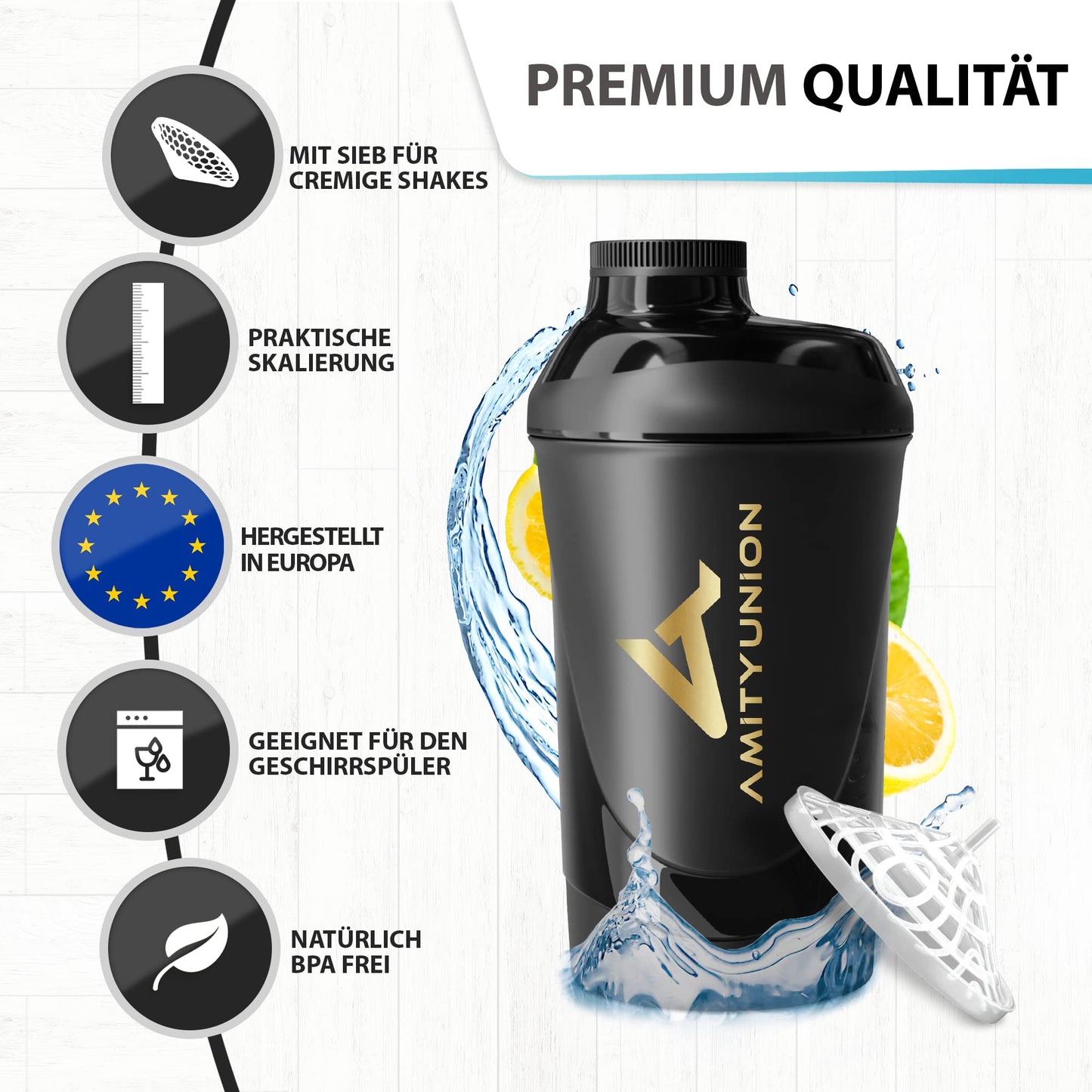 AMITYUNION Shaker per proteine - L'ORIGINALE Senza BPA con setaccio, scala per frullati di siero di latte cremosi, tazze Gym Deluxe per isolati e concentrati sportivi