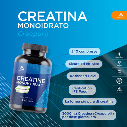 Bodyathlon- Creatina Monoidrata Creapure® 240 compresse- Creatina pura 3000mg per dose- Qualità guarantita senza additivi– Aumenta la massa musculare, forza e resistenza