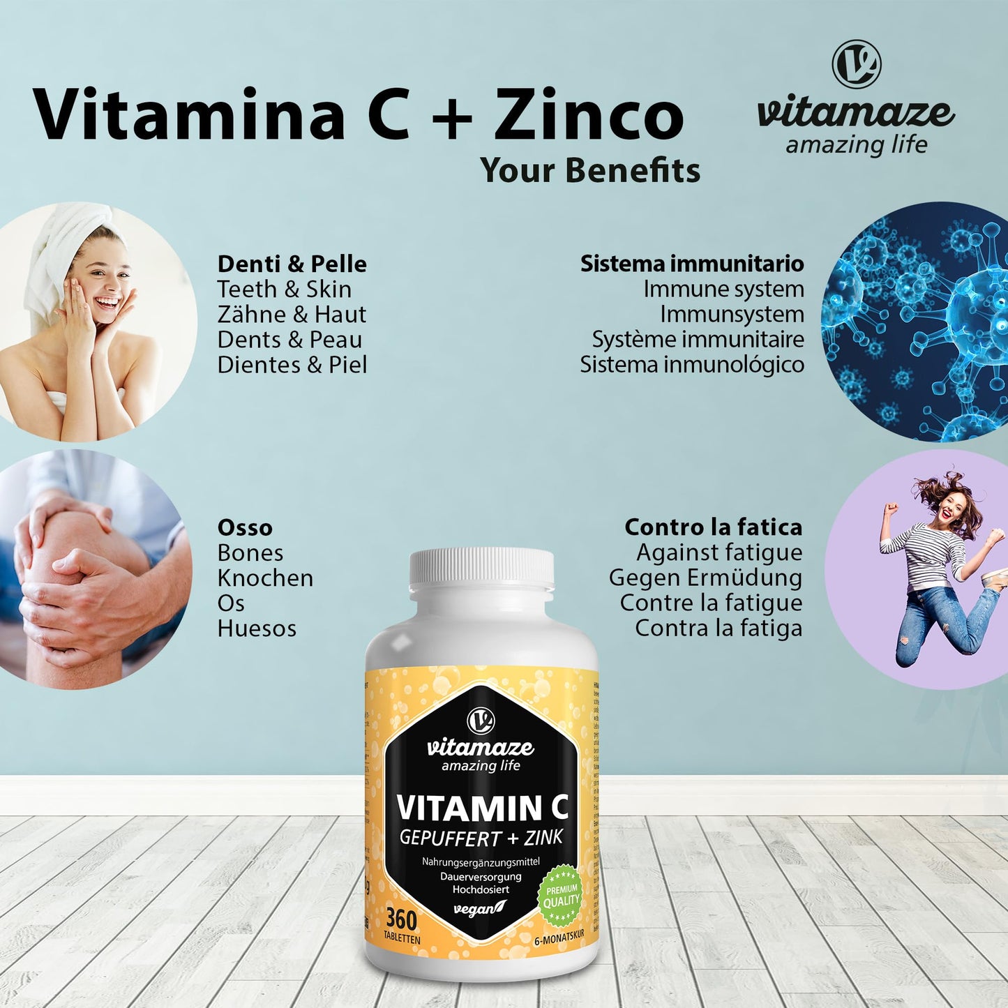 Vitamina C 1000mg (1 Anno) + Zinco + Bioflavonoidi, 360 Compresse, 1 Compresse per Giorno, Vegan Vitamina C Pura Dose Forte, Qualità Tedesca, Integratore Alimentare senza Additivi. Vitamaze®