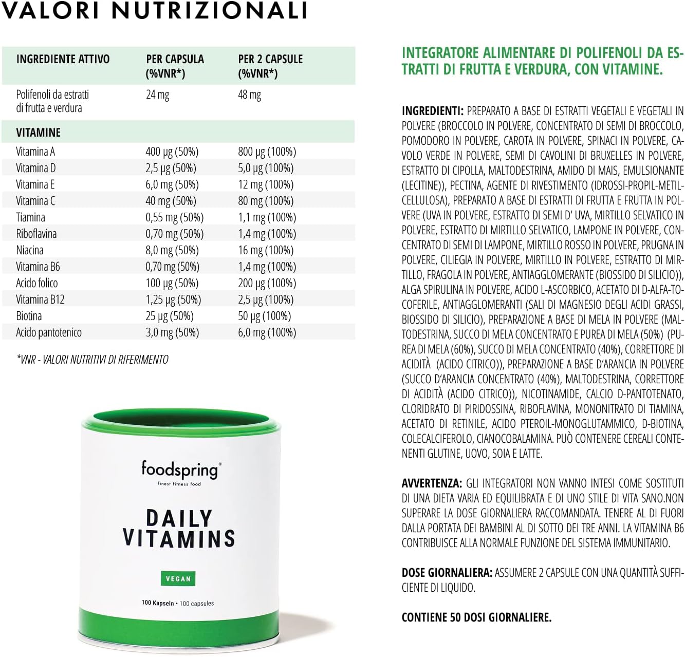 foodspring Daily Vitamins, 100 Capsule, Integratore multivitaminico di alta qualità con dose giornaliera necessaria di vitamine D, C, B12