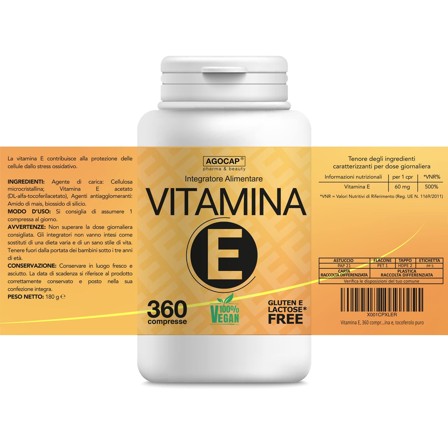 Vitamina E, 360 compresse | Prodotto in Italia, alto dosaggio | Vitamina E pura, massimo dosaggio consentito dalla normativa Italiana | Agocap, integratore vitamina e, tocoferolo puro