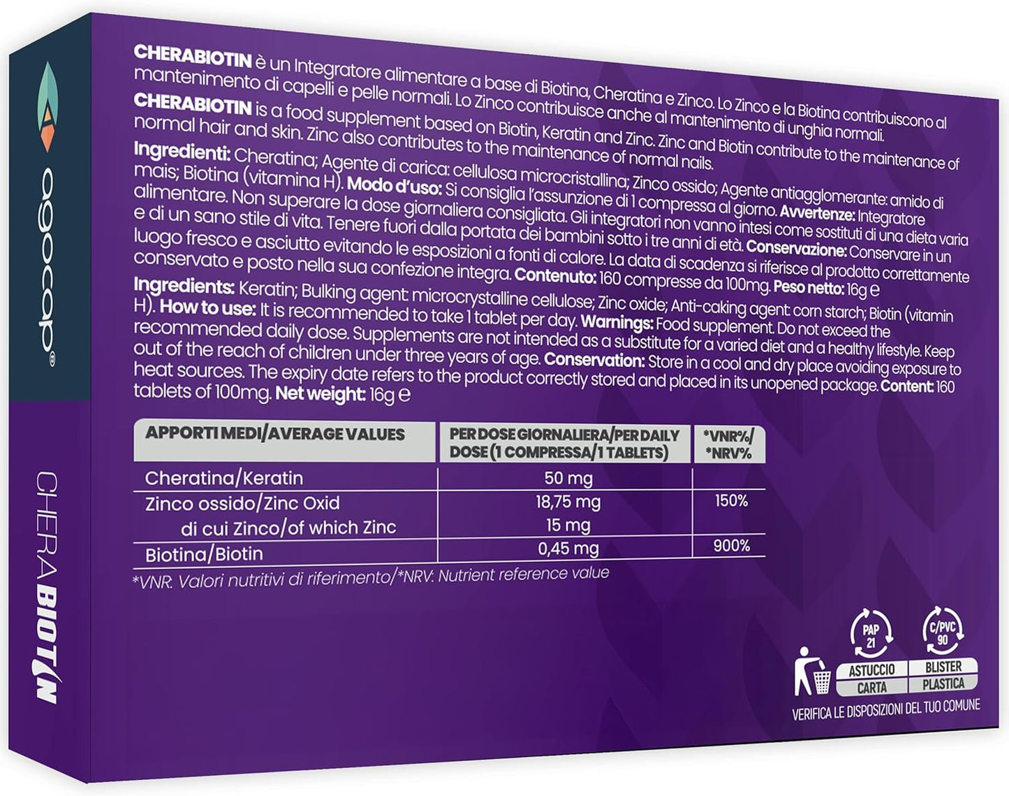 Cherabiotin, integratori a base di Biotina, Cheratina e Zinco. Vitamine per unghie e pelle. crescita capelli e anticaduta donna. 160 micro compresse, 5 MESI DI FORNITURA