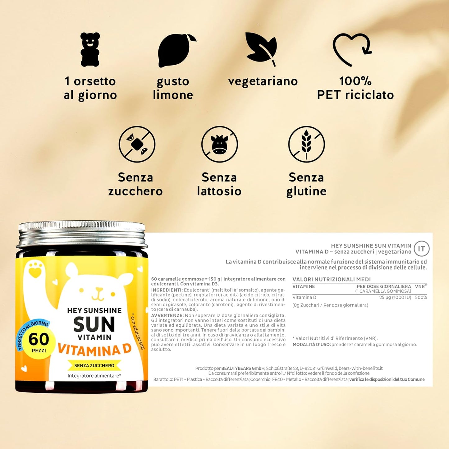 Caramelle Gommose Vitamina D - Integratore Difese Immunitarie - Senza Zucchero - 1000 UI per Orsetto Gommoso - Senza Glutine - 60 gummies - Bears with Benefits