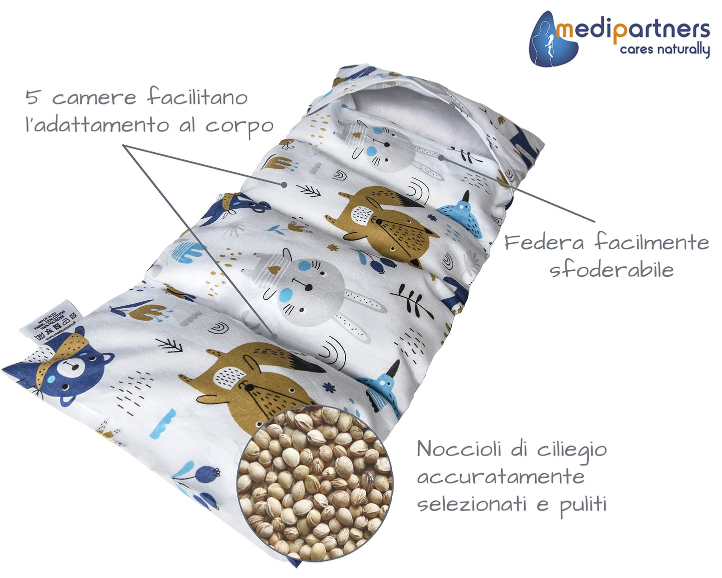 Medi Partners Cuscino Termico noccioli ciliegio 60x20cm 800g 100% Cotone 5 Camere Grande Terapia del freddo Federa sfoderabile (Stelle)