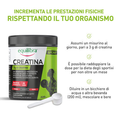 equilibra Integratori Alimentari, a Base di Creatina, Integratore Energia per Sportivi, Incrementa le Prestazioni Fisiche in Caso di Attività Ripetitive, Senza Glutine, Barattolo 220 g