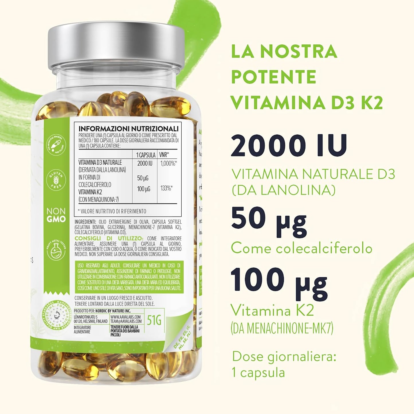 Vitamina D3 K2 Alto Assorbimento Olio Extraverg.d'Oliva - Vitamina D3 2000 UI + Vitamina K2 MK7 100 μg - Vitamina D 2000 UI e Vitamina K - 180 Capsule