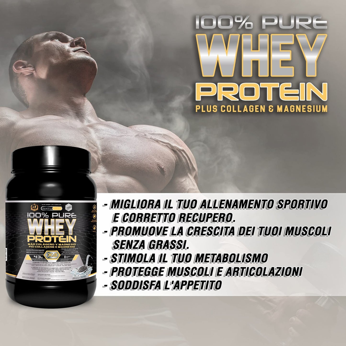 Healthy FUSION Whey protein 100% pura | Proteine whey + collagene + magnesio | Proteine del siero di latte isolate per lo sviluppo muscolare | Massa muscolare pulita | 1000 g (Cioccolato)