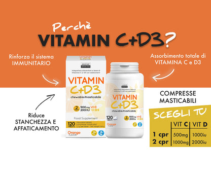 Vitamina C+D3, 120 compresse MASTICABILI, Vitamina C 1000mg + Vitamina d 2000 ui per dose giornaliera. Per difese immunitarie. Vitamina D e C, Agocap