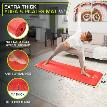 ProsourceFit Extra Thick Yoga and Pilates Mat ½” (13mm) or 1" (25mm), 71-inch Long High Density Exercise Mat with Comfort Foam and Carrying Strap