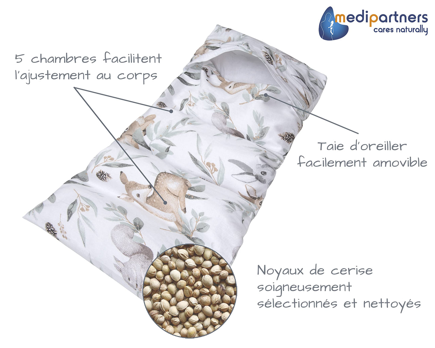 Medi Partners Cuscino Termico noccioli ciliegio 60x20cm 800g 100% Cotone 5 Camere Grande Terapia del freddo Federa sfoderabile (Stelle)