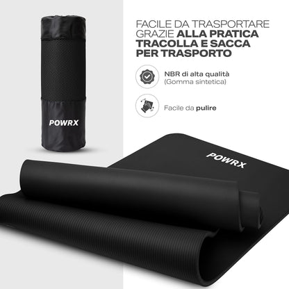 POWRX Tappetino Fitness Antiscivolo 190 x 60, 80, 100 cm - Ideale per Yoga, Pilates e Ginnastica - Extra Morbido e Spessore da 1,5 cm o 1 cm - Ecocompatibile con Tracolla e Sacca Trasporto + Poster