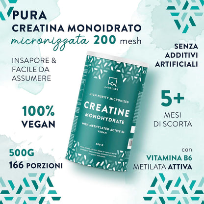 Creatina Monoidrata Polvere Micronizzata 200 Mesh 500g | Integratori Creatina Vegana Palestra Pre Workout, Intra & Post - Creatina Monoidrato Pura Creatine Monohydrate + B6 P5P - Creatina in Polvere