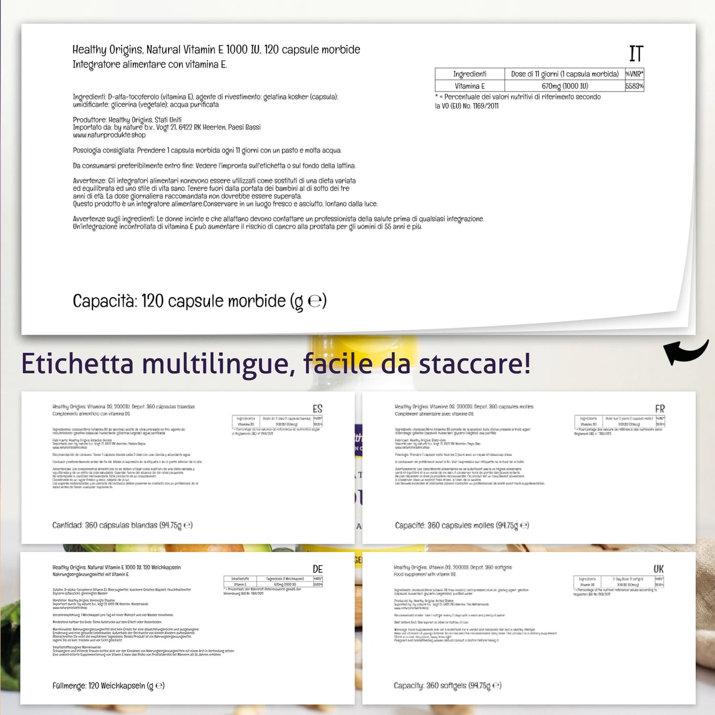 Healthy Origins, Natural Vitamin E, 400 UI per capsula, 180 Capsule morbide, Testato in Laboratorio, Senza Glutine, Non OGM, Vitamina E come tocoferolo