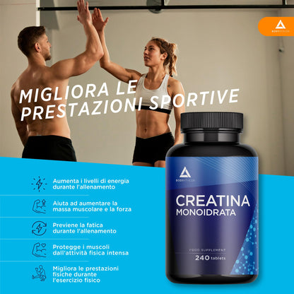 Bodyathlon- Creatina Monoidrata Creapure® 240 compresse- Creatina pura 3000mg per dose- Qualità guarantita senza additivi– Aumenta la massa musculare, forza e resistenza