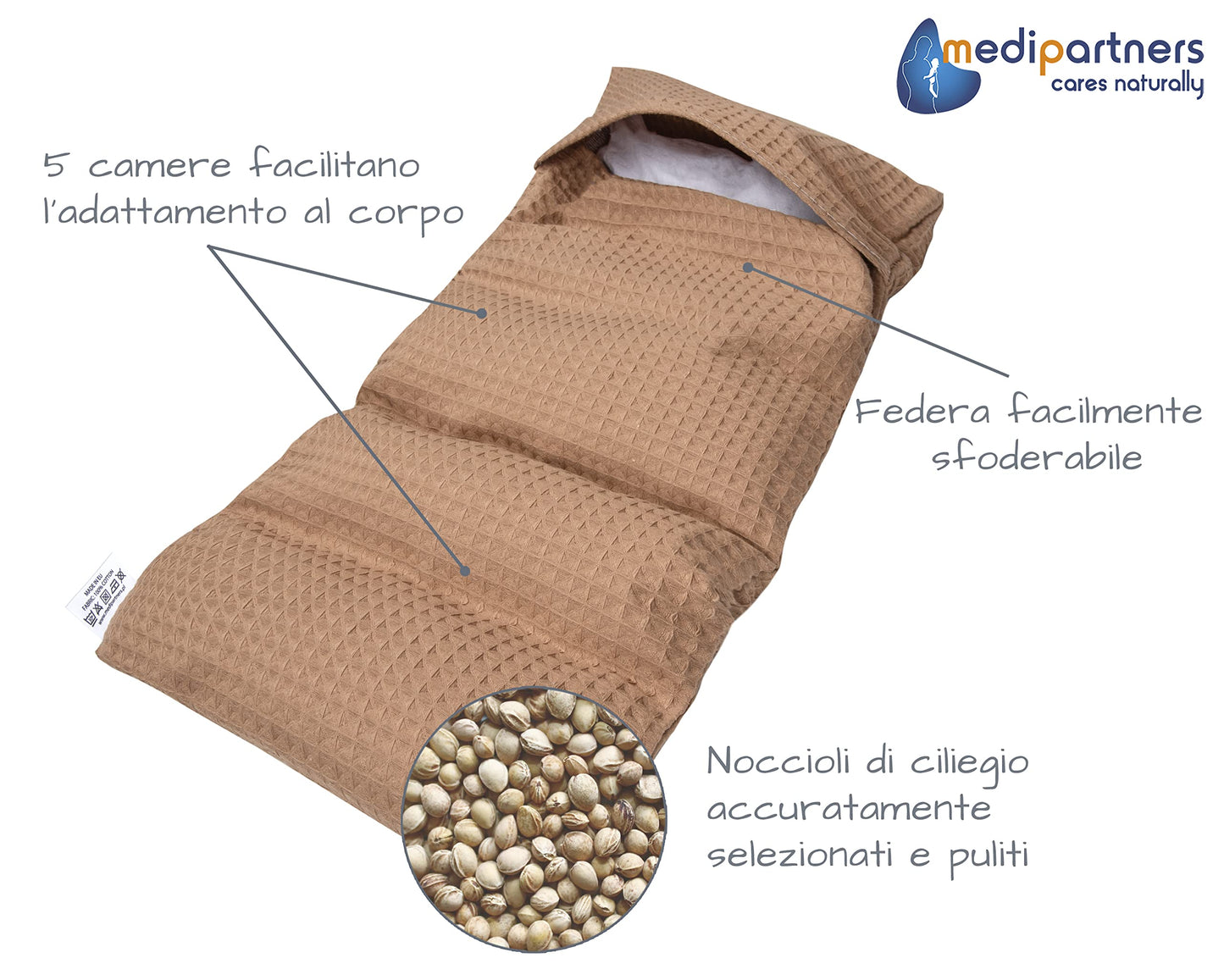 Medi Partners Cuscino Termico noccioli ciliegio 60x20cm 800g 100% Cotone 5 Camere Grande Terapia del freddo Federa sfoderabile (Stelle)