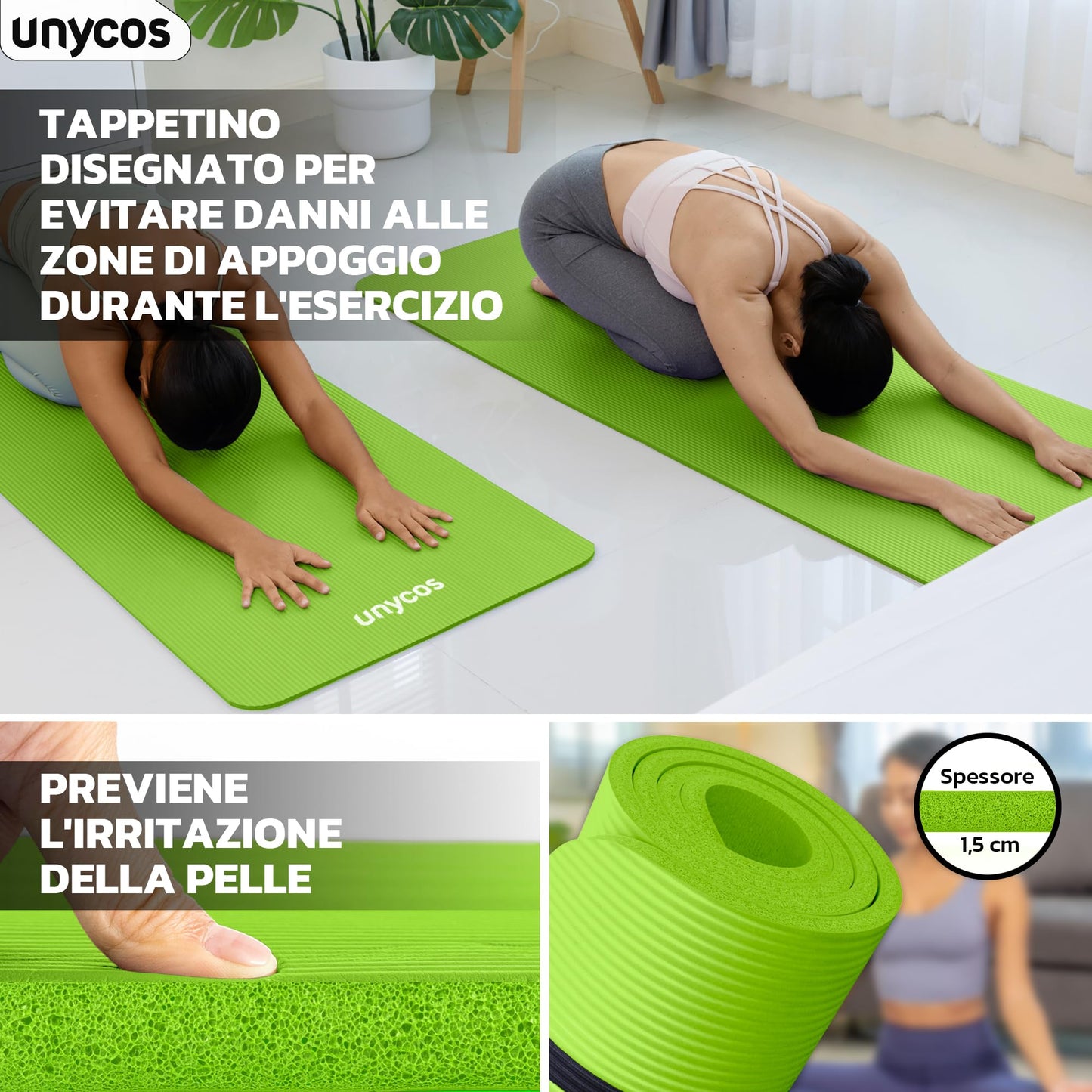 unycos - Tappetino Antiscivolo da Yoga, Pilates e Ginnastica Extra Spesso 10/15 mm, 183x60 cm, Materassino Fitness con Schiuma NBR Confortevole, Tracolla, Borsa ed E-Book di 50 Esercizi