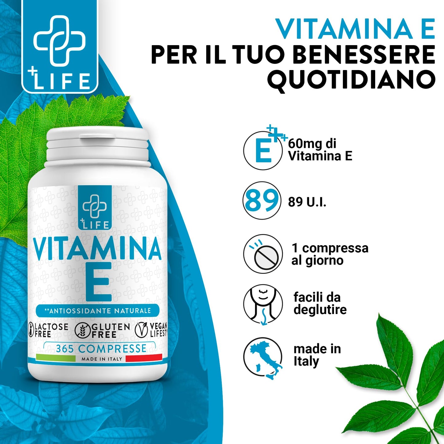 Vitamina E Pura 365 Dosi PiuLife® 60mg Per Compressa 89UI, Integratore Vitamina E Per Viso Pelle, Occhi Vista, Vitamine Per Capelli, Benessere Antiossidanti Integratori