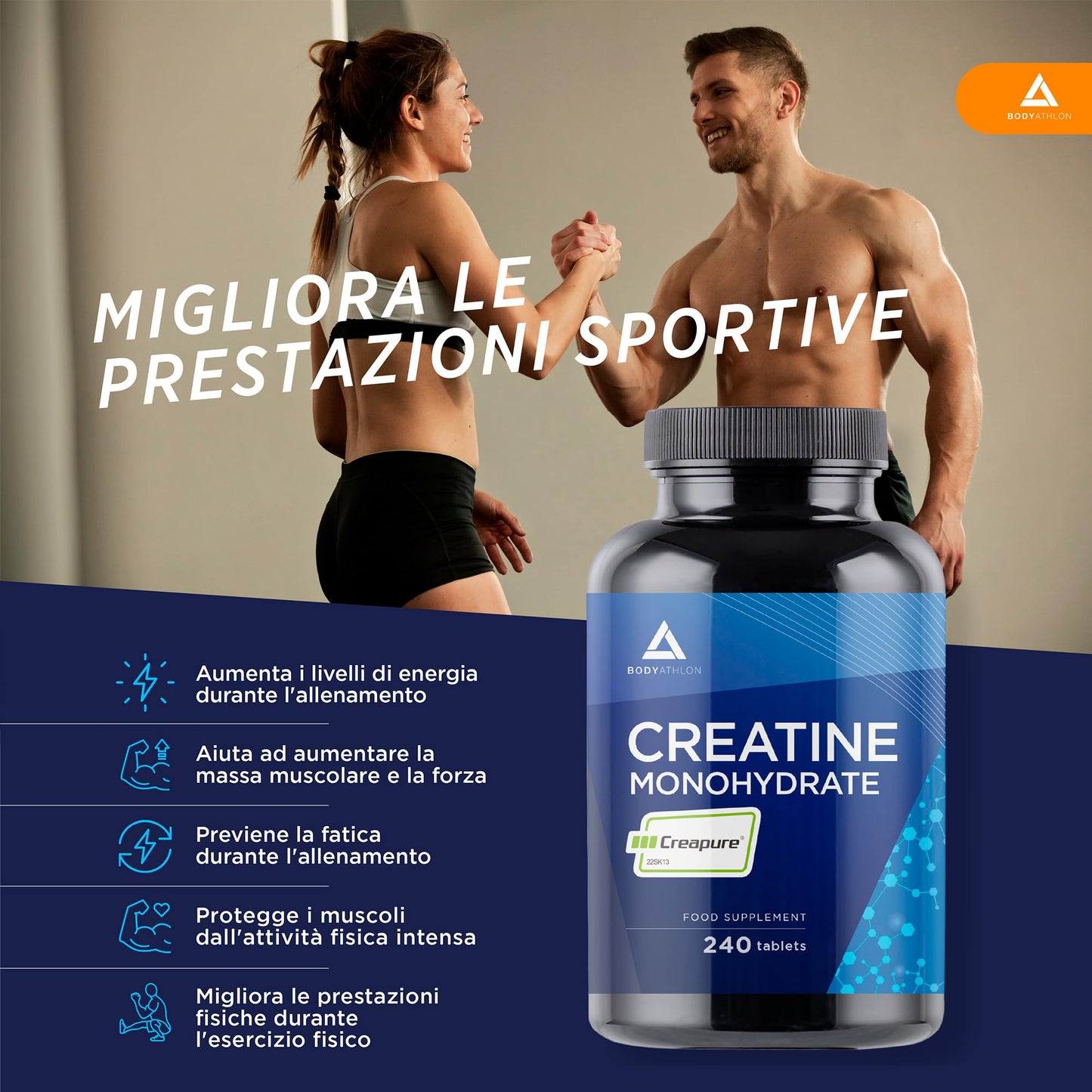 Bodyathlon- Creatina Monoidrata Creapure® 240 compresse- Creatina pura 3000mg per dose- Qualità guarantita senza additivi– Aumenta la massa musculare, forza e resistenza