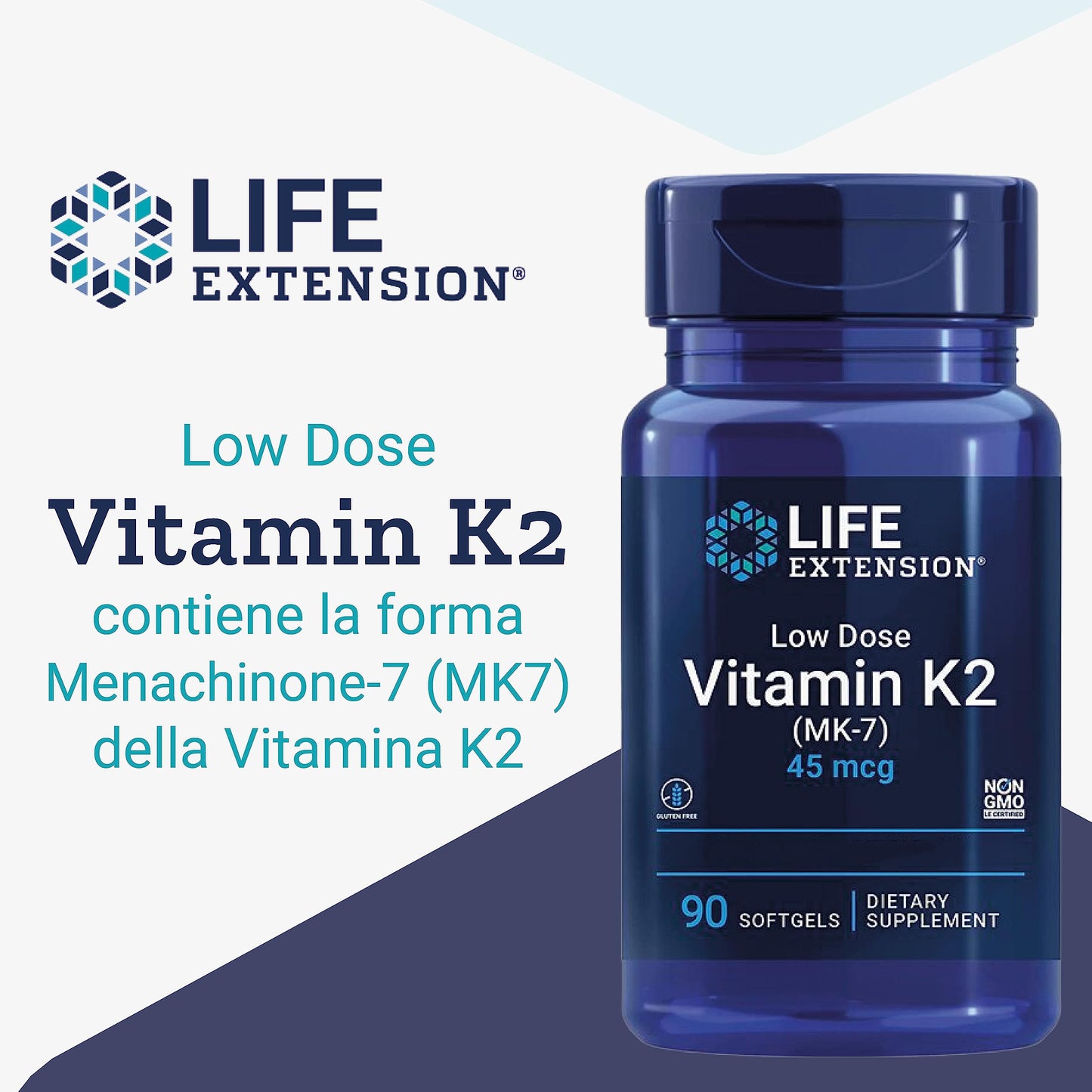 Life Extension, Vitamina K2 a Basso Dosaggio, con Trans-MK-7, 45mcg, 90 Capsule molli, Testate in Laboratorio, Senza Glutine, Senza Soia, Non OGM