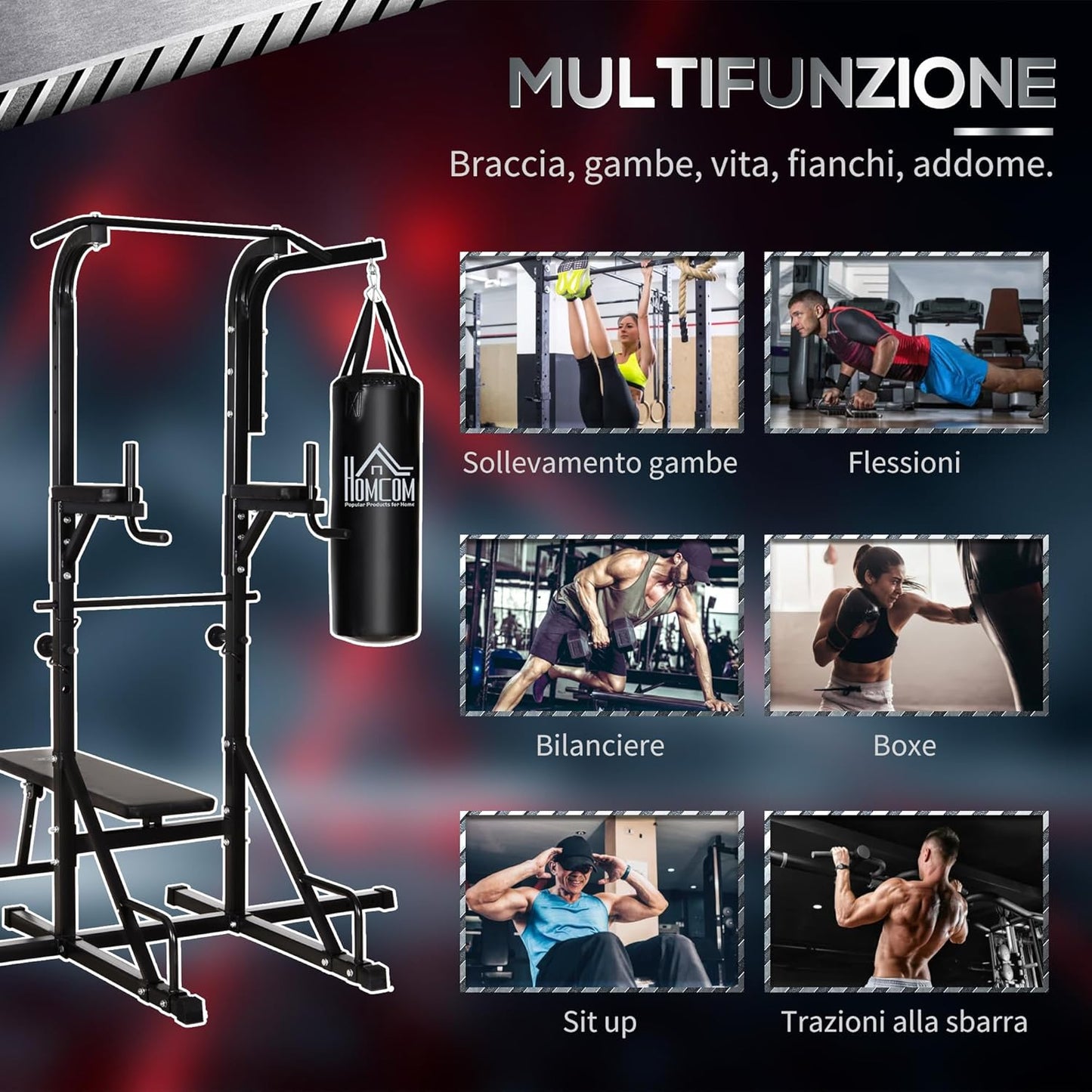 HOMCOM Power Tower con Panca e Sacco da Boxe di 20kg, Stazione Multiuso in Acciaio Nero per Allenamento Total Body