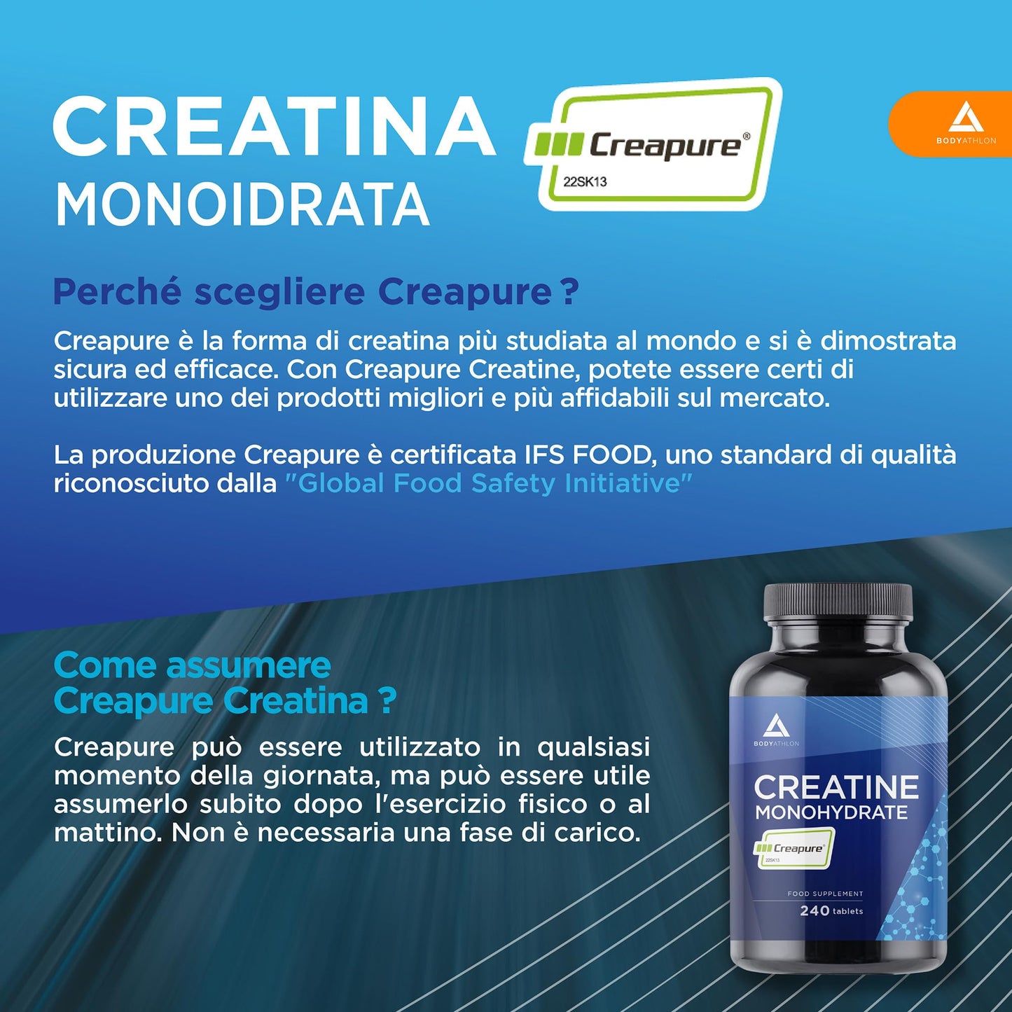 Bodyathlon- Creatina Monoidrata Creapure® 240 compresse- Creatina pura 3000mg per dose- Qualità guarantita senza additivi– Aumenta la massa musculare, forza e resistenza