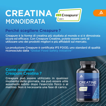 Bodyathlon- Creatina Monoidrata Creapure® 240 compresse- Creatina pura 3000mg per dose- Qualità guarantita senza additivi– Aumenta la massa musculare, forza e resistenza