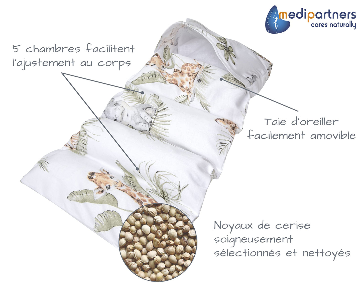 Medi Partners Cuscino Termico noccioli ciliegio 60x20cm 800g 100% Cotone 5 Camere Grande Terapia del freddo Federa sfoderabile (Stelle)