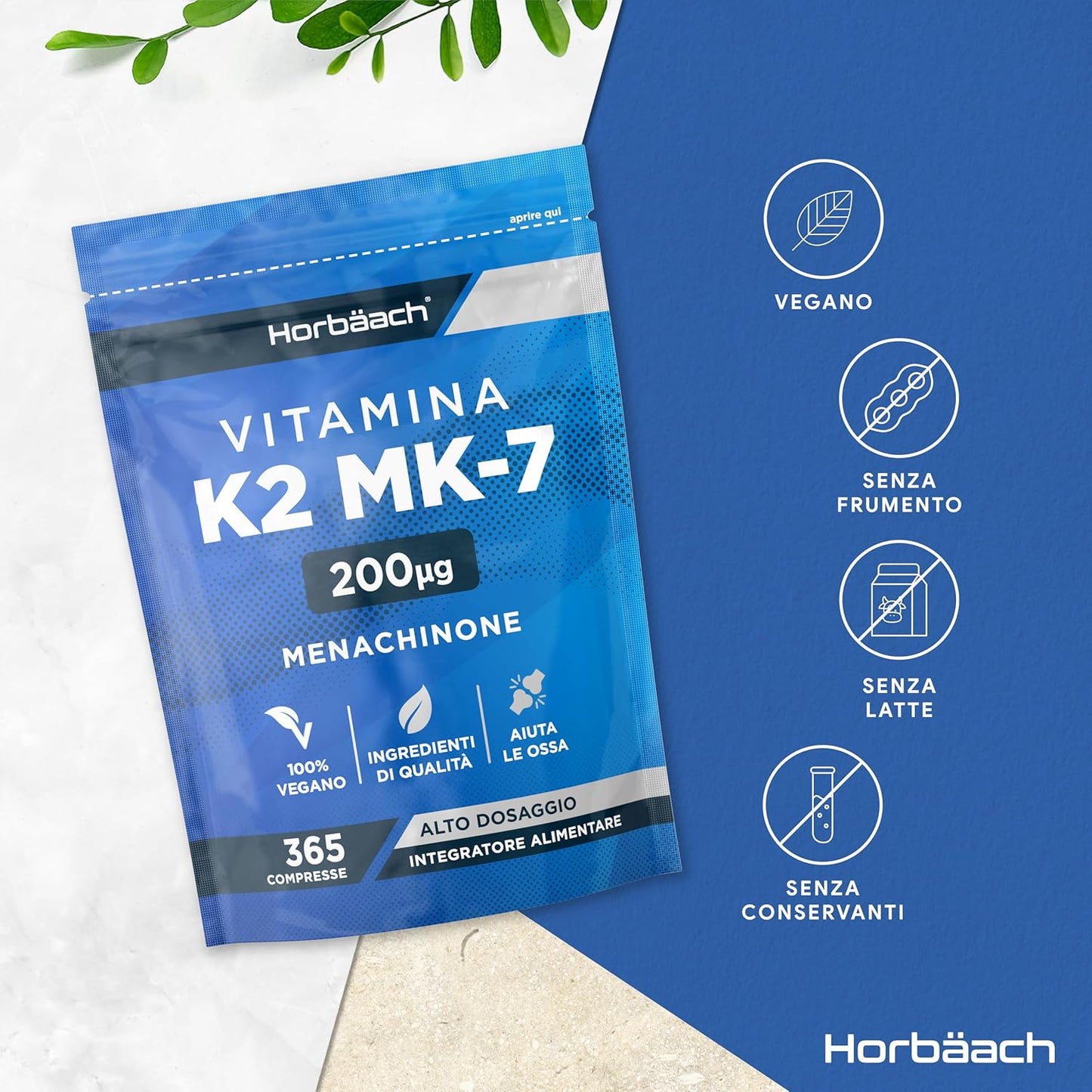 Vitamina K2 MK7 200 mcg Alto Dosaggio | 365 Compresse Vegane | Menachinone MK-7 | Integratore Alimentare Contribuisce al Mantenimento di Ossa Normali | Horbaach