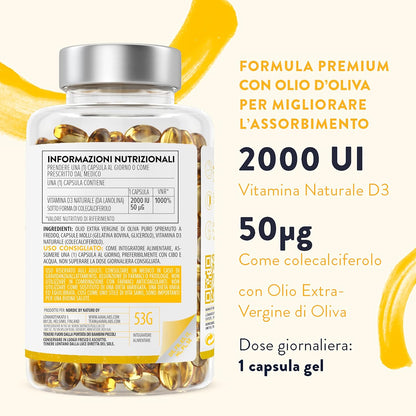 Vitamina D3 2000 UI [Fornitura di 1 Anno] - Integratore Vitamina D 2000 UI con Olio EVO per assorbimento ottimale - Non OGM - Contribuisce alla funzione ossea, muscolare e immunitaria - 365 Capsule