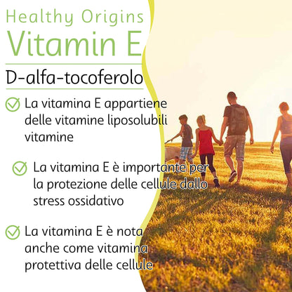 Healthy Origins, Natural Vitamin E, 400 UI per capsula, 180 Capsule morbide, Testato in Laboratorio, Senza Glutine, Non OGM, Vitamina E come tocoferolo