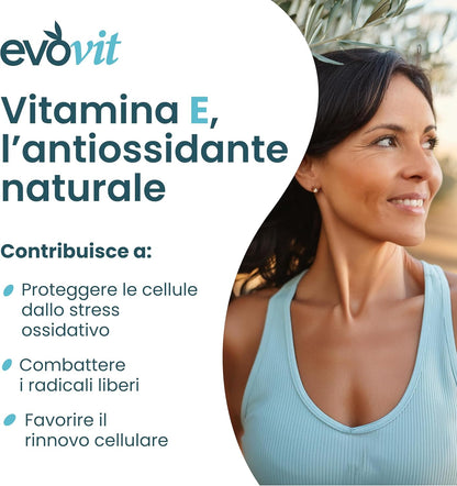 EVOVIT VITAMINA E - 4 Mesi di Fornitura-In Olio Extravergine d'Oliva Italiano-Integratore Naturale Tocoferolo 60mg/90UI Massimo Assorbimento Antiossidante, Anti-aging per Pelle, Capelli -Made in Italy