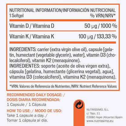 NUTRISSIMO Vitamina D e Vitamina K (D3+K2) | 120 Softgels | 2000 UI D3 + 100µg K2 (PHARMAQUINONE®) | Supporto per Ossa, Muscoli, Denti e Sistema Immunitario