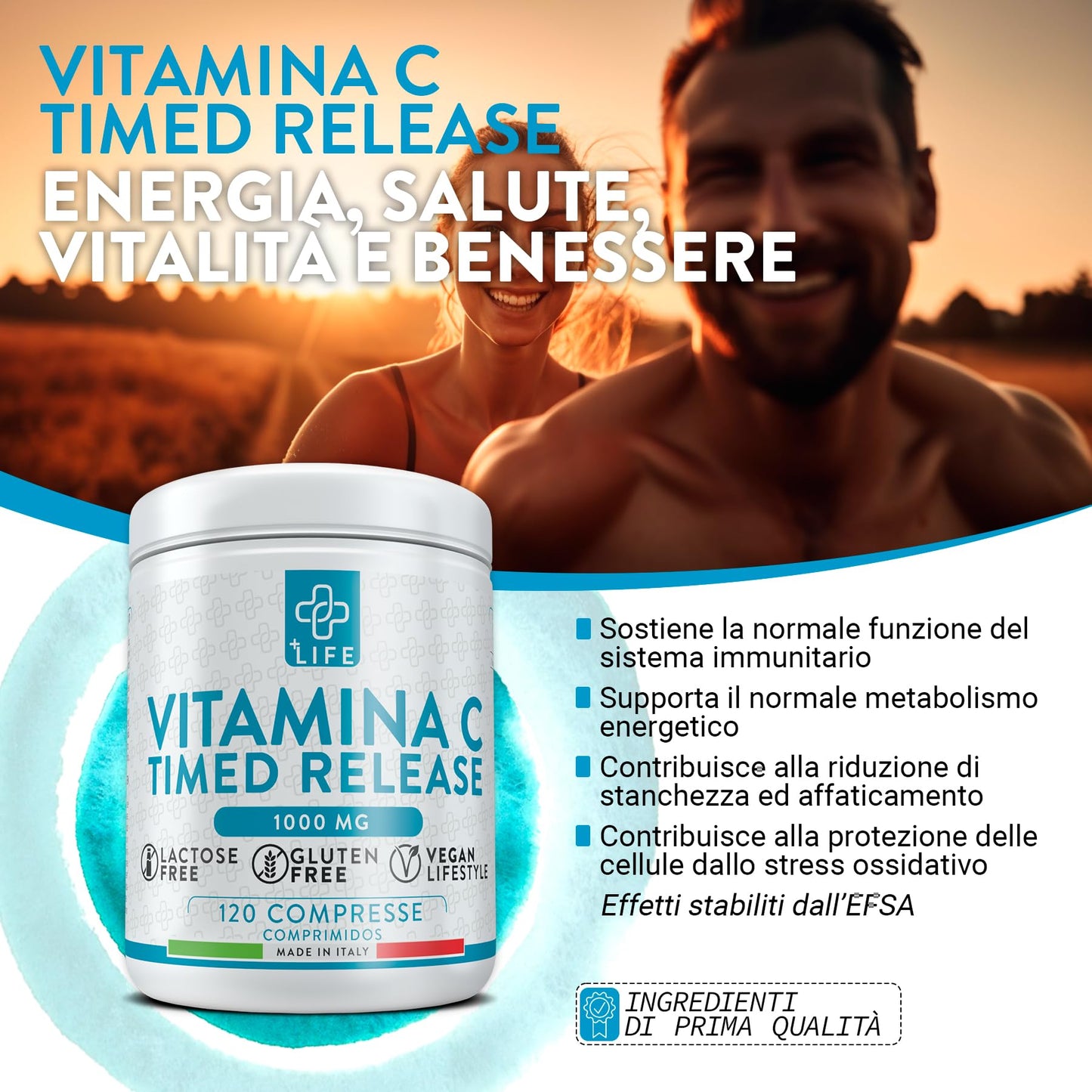 VITAMINA C 1000mg Lento Rilascio Graduale PiuLife® 120 Compresse Integratore Vitamina C Pura Naturale Acido Ascorbico, Antiossidante Naturale Per Sistema Immunitario Vit C 1000mg Rilascio Prolungato