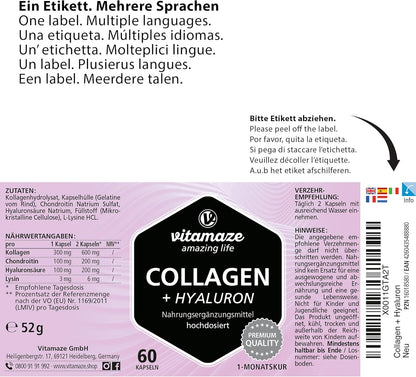 Vitamaze® Collagene con Acido Ialuronico + Condroitina + Lisina, 60 Capsule Idrolizzato, senza Additivi non Necessari.