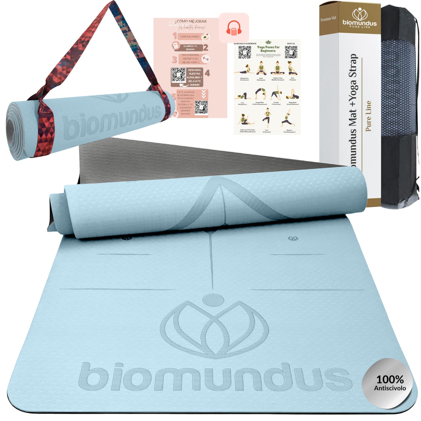 biomundus tappetino yoga antiscivolo + cinghia per lo Yoga + linee di posizione+ borsa tappetino fitness pieghevole tappetino palestra casa tappeto yoga mat