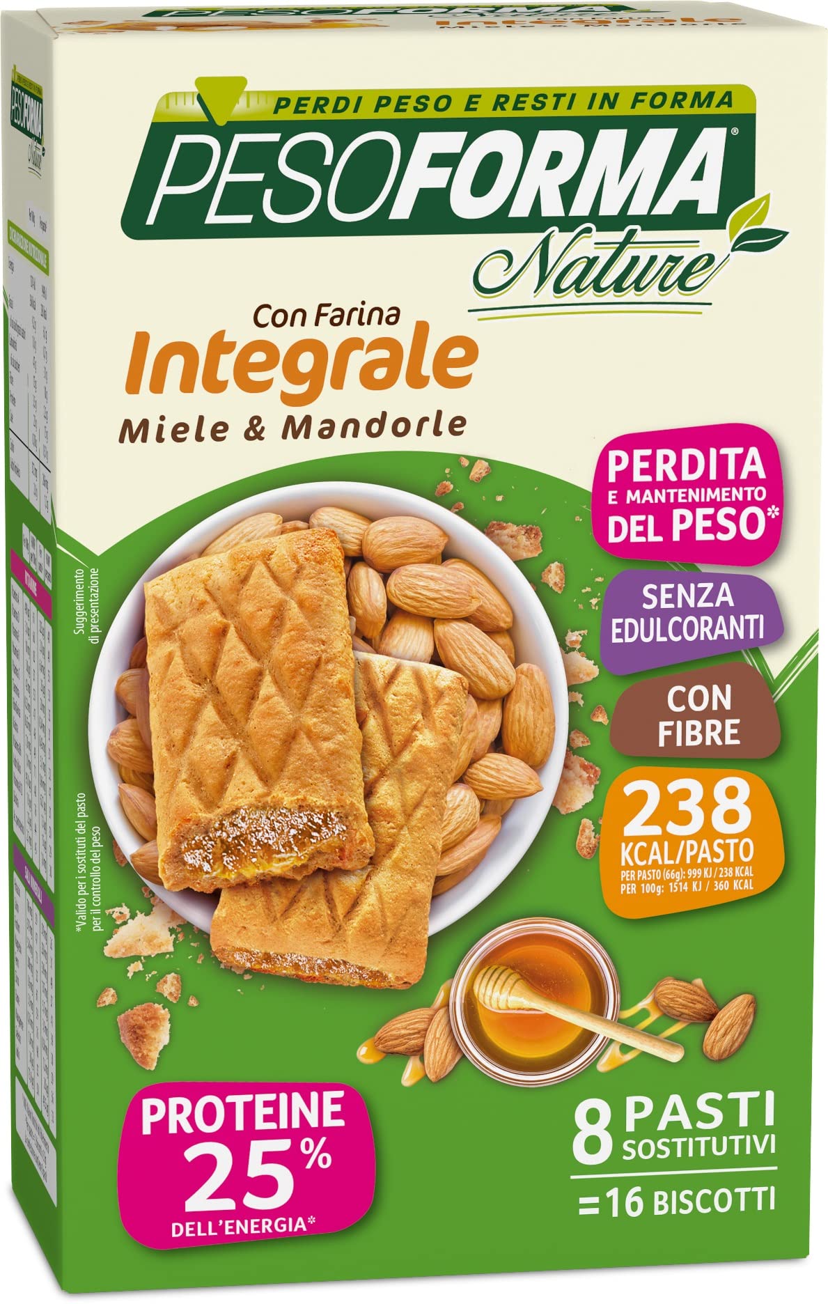 Pesoforma 16 Biscotti, Miele e Mandorle, con Farina integrale, per Rimettersi in Forma con Gusto, solo 238 Calorie, 8 Pasti Sostitutivi