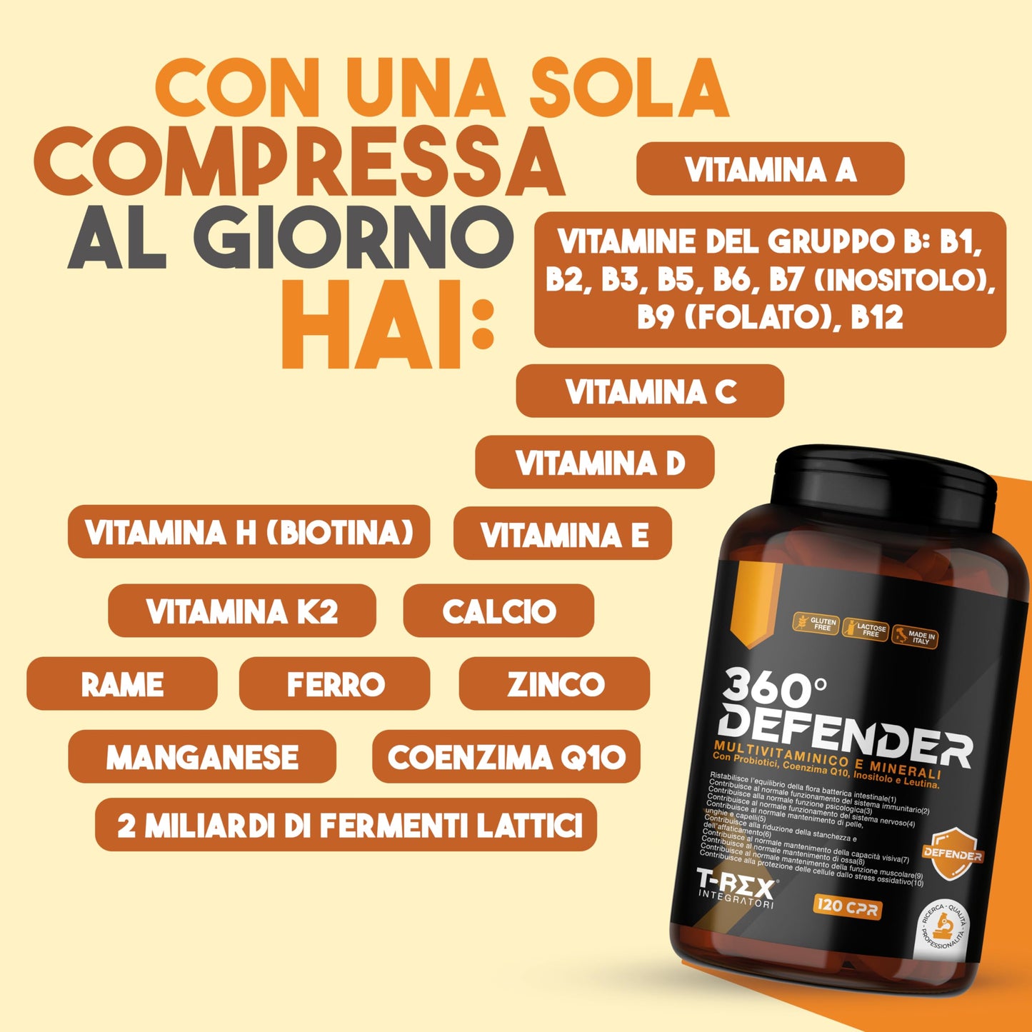 Multivitaminico Multiminerale con Probiotici, Vitamina B12, Acido Folico e Coenzima Q10 | 360° Defender Integratore Multivitaminico Completo con 14 Vitamine e 5 Sali Minerali