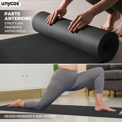 unycos - Tappetino Antiscivolo da Yoga, Pilates e Ginnastica Extra Spesso 10/15 mm, 183x60 cm, Materassino Fitness con Schiuma NBR Confortevole, Tracolla, Borsa ed E-Book di 50 Esercizi