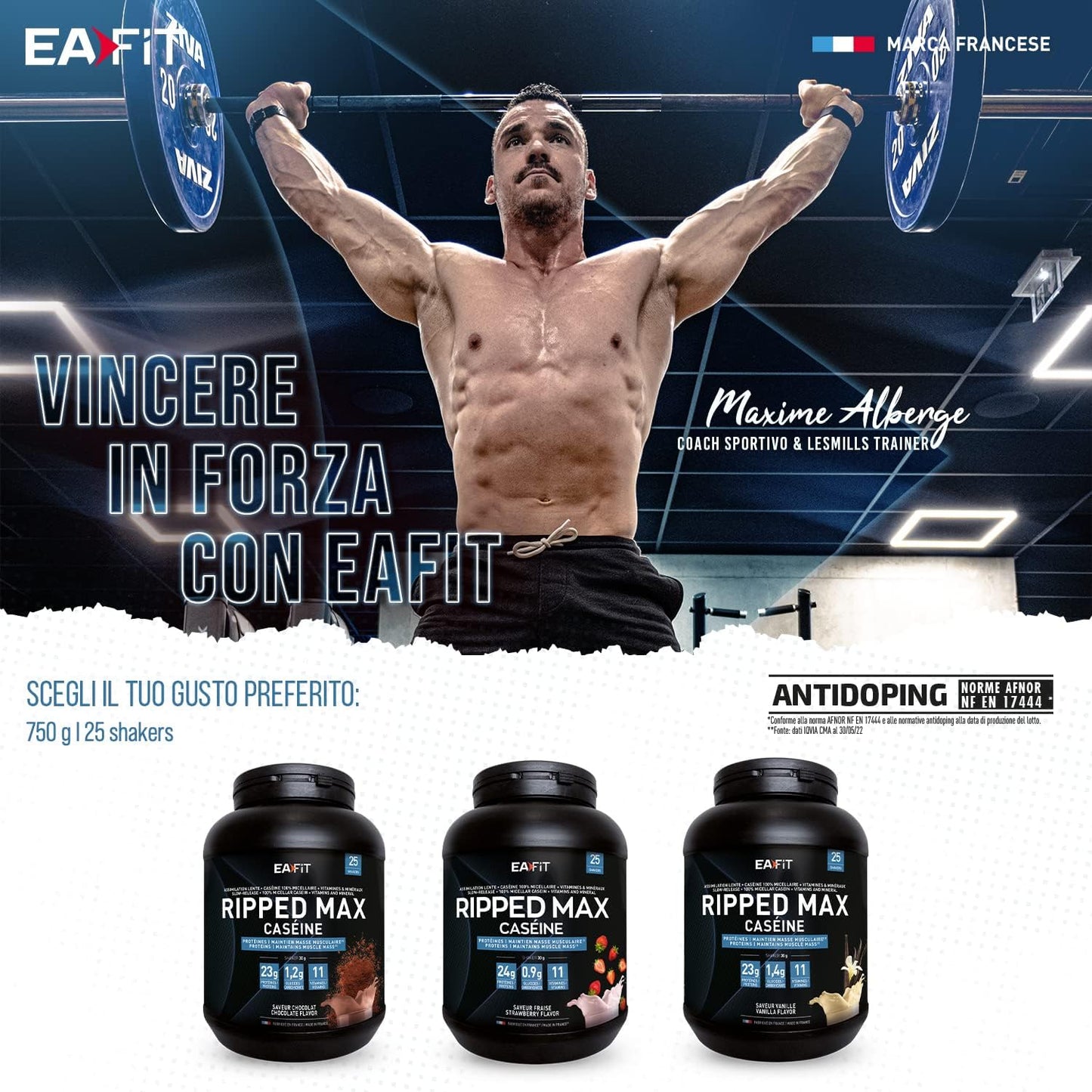 EAFIT Ripped Max Caseina Cioccolato - 750g - Proteine - Basso contenuto di Zuccheri e Lipidi - Crescita Muscolare - Caseina Micellare al 100% - Lenta Assimilazione - Anticatabolico - 5g di BCAA