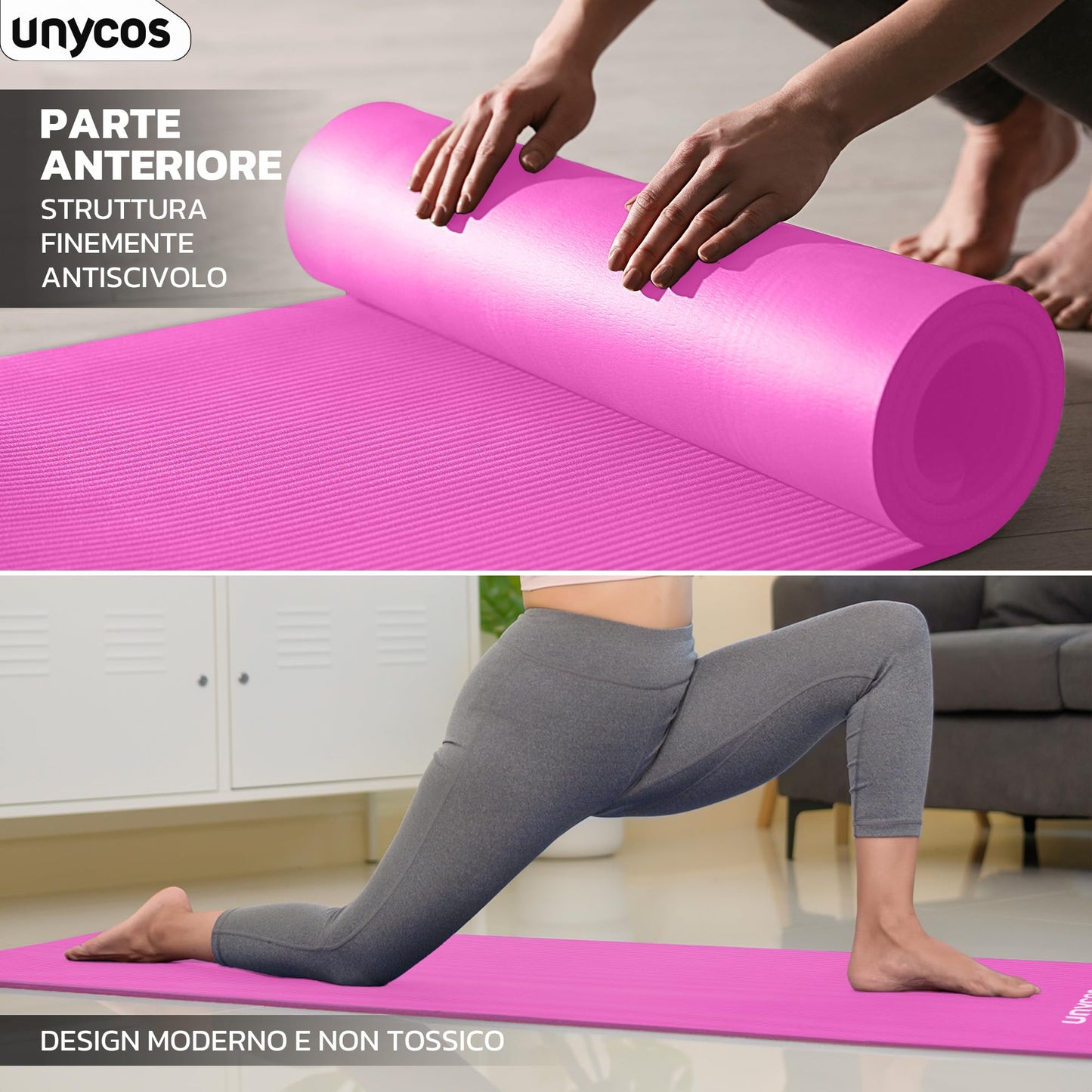 unycos - Tappetino Antiscivolo da Yoga, Pilates e Ginnastica Extra Spesso 10/15 mm, 183x60 cm, Materassino Fitness con Schiuma NBR Confortevole, Tracolla, Borsa ed E-Book di 50 Esercizi